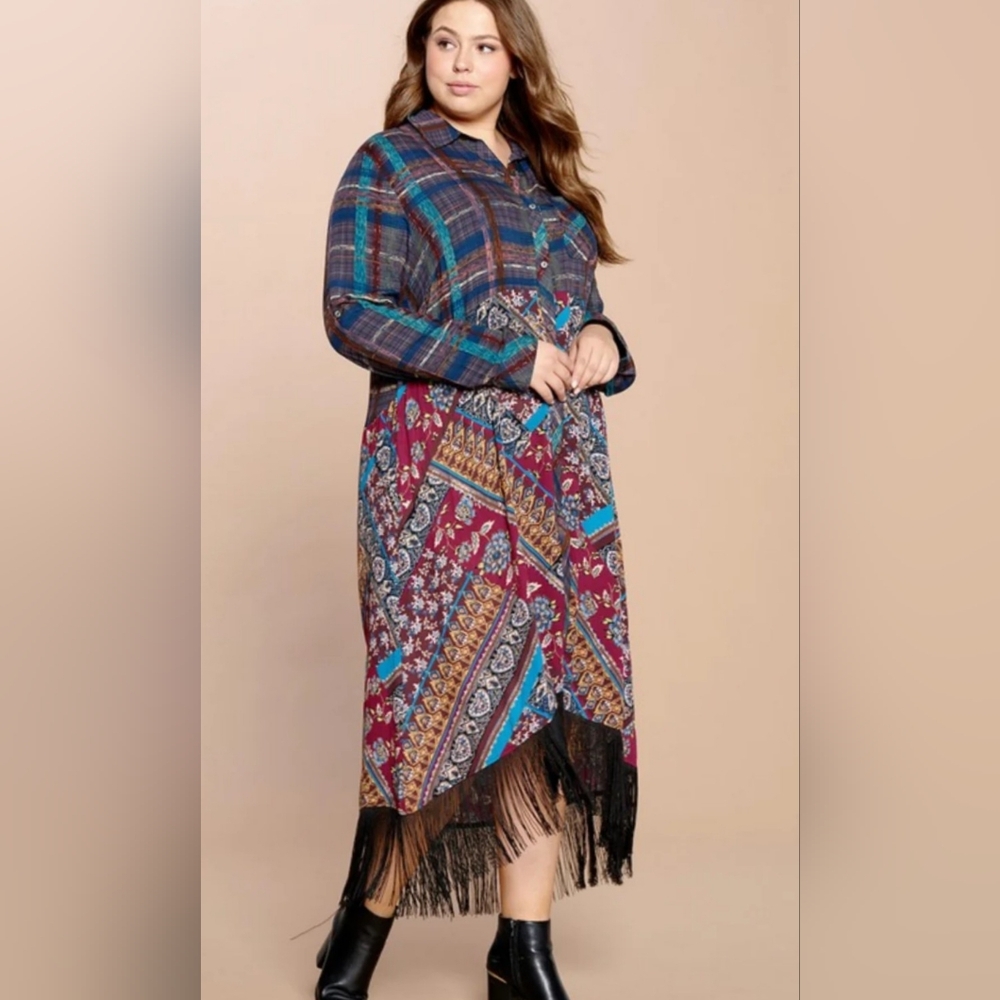 ODDY Boho Patchwork Fringe Midi Dress | Plaid Paisley S–3X